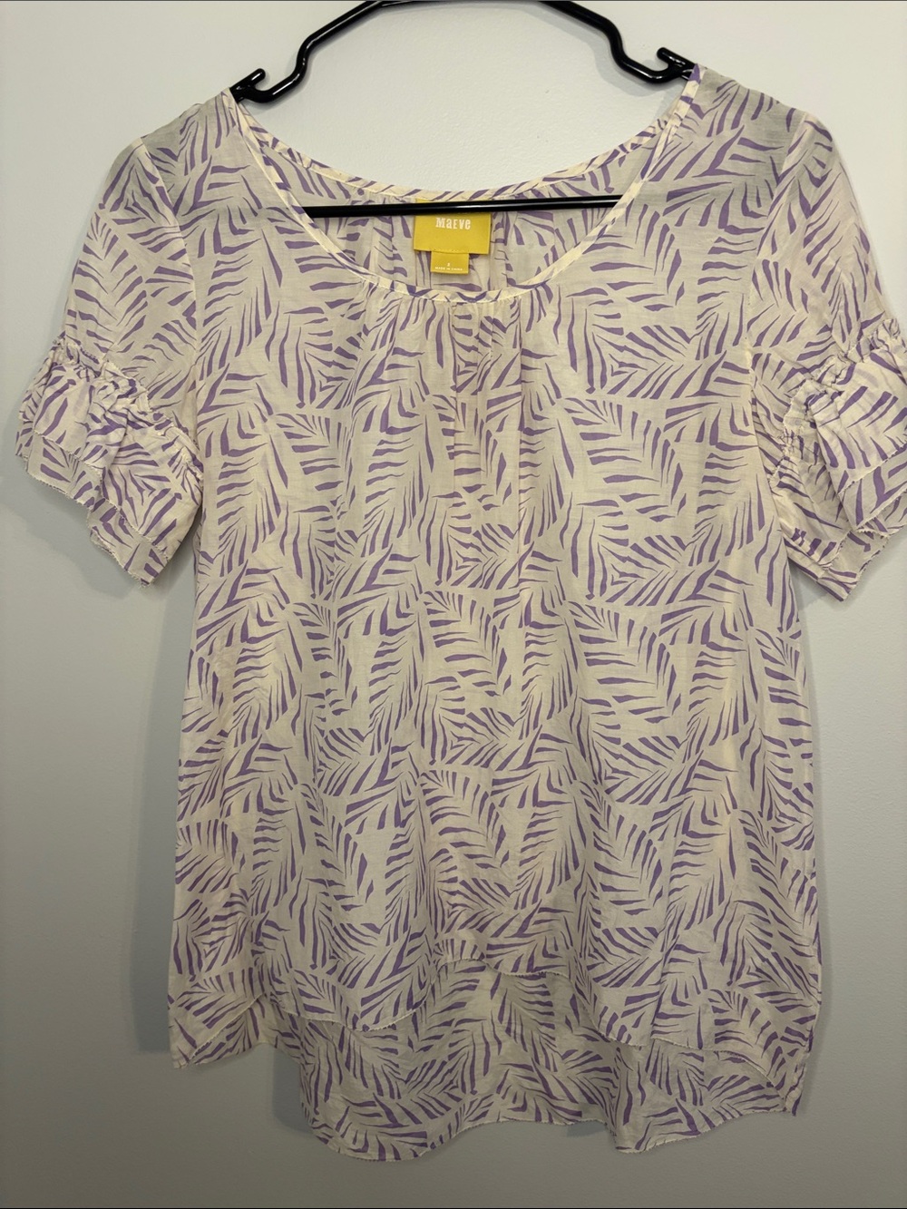 Maeve by Anthropologie Cream Blouse with Lavender Leaf Pattern